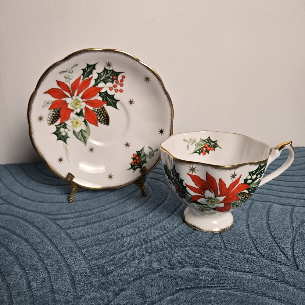 Holiday Poinsettia Teacup and Saucer Set - Red and Green "Noel" Pattern
